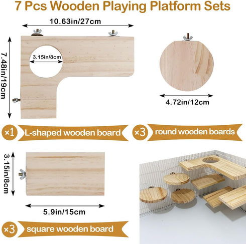 Niwaes Chinchilla Set 7 Pack Wooden Cage Platforms Wood Shelves for Rat Cage Corner Ledges Small Animal Climbing Steps
