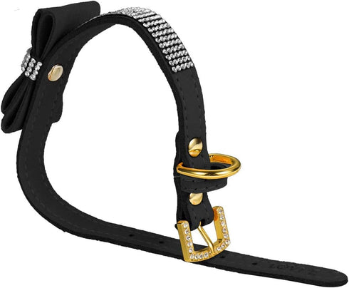 LOVPE Crystal Dog Collar - Velvet Leather with Bow-Knot Tie Rhinestone for Small Dogs & Cats (Black, S)