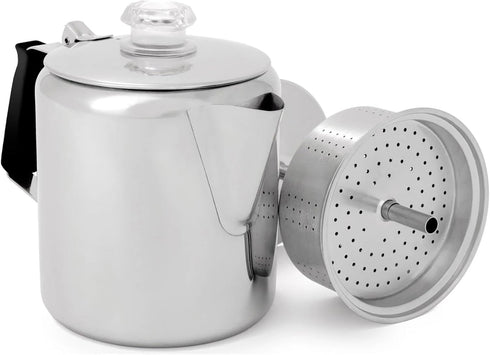 GSI Outdoors Percolator Coffee Pot I Glacier Stainless Steel with Silicone Handle