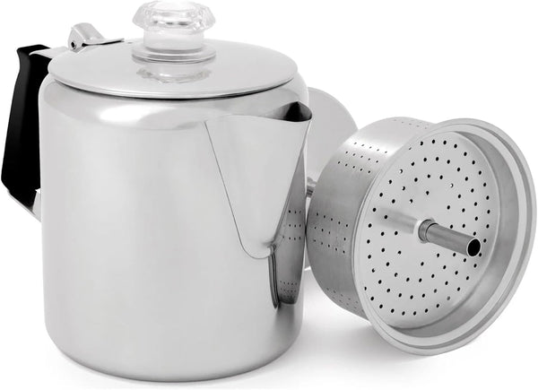 GSI Outdoors Percolator Coffee Pot I Glacier Stainless Steel with Silicone Handle
