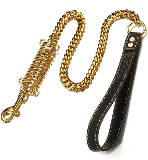 1ft, 2ft, 3ft Strong Gold Metal Cuban Curb Link Chain, 14mm Stainless Steel Dog Safety Leash, Genuine Leather Handle