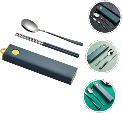 Set Stainless Steel Reusable Tableware with Carrying Box Portable Cutlery Kit Including Spoon and Chopsticks