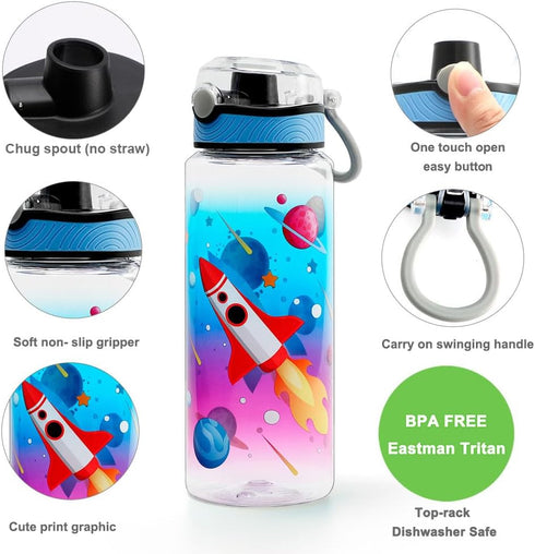 Home Tune 23oz Kids Water Bottle for School Boys, BPA FREE Tritan, Leak Proof Flip Top Lid, Carry Handle - Rocket.
