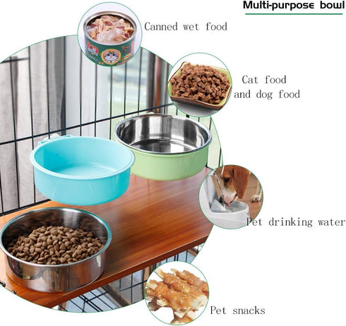 Andiker Pet Hanging Bowl - 2-in-1 Removable Stainless Steel Food Bowl for Puppy/Cat, Large Green