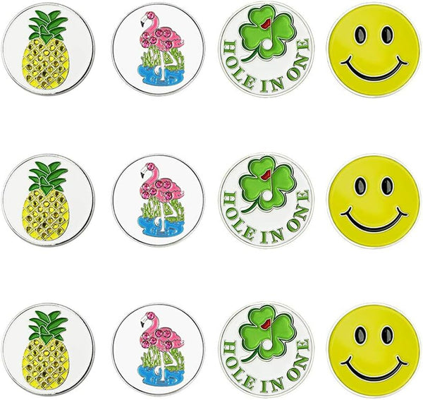 Golf Ball Markers Value Pack of 12, Assorted Patterns with Cap Clips and Divot Repair Tools