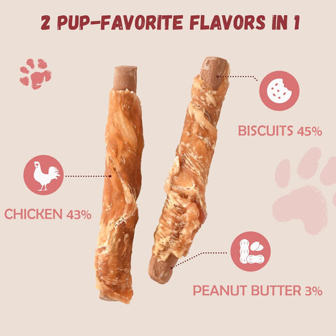 10.6 oz Pawmate Dog Treats Chicken Wrapped Peanut Butter Biscuit Sticks, Grain Free Rawhide Free Dog Chews, Healthy