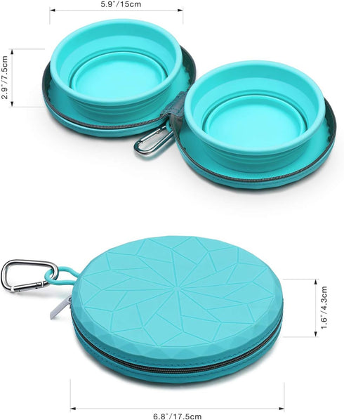 Collapsible Silicone Twin Dog Bowls with Zipper Case, 2 in 1 Portable Travel Dog Bowls