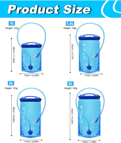 Hydration Bladder,1L/1.5L/2L/3L Water Bladder for Hydration Pack,BPA-Free Leakproof Water Reservoir for Hiking Running Camping Cycling