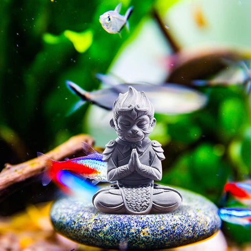 Aquarium Statue Monkey King Decorations | Asian Buddha Fish Tank Collectible Figurines, Cement Safe Aquarium Decor
