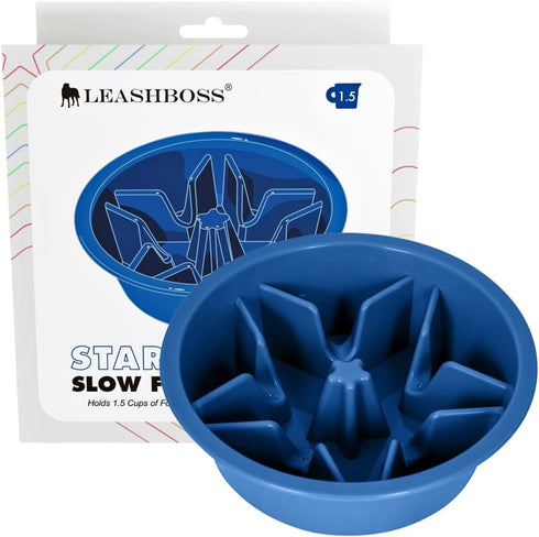 Leashboss Dog Bowl Slow Feeder, Maze Food Bowl Compatible with Raised Pet Feeders, 1.5 Cup, Blue