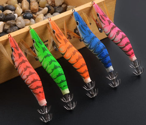 Glow Squid Jigs Saltwater Fishing Lures Kit, 10pcs Luminous Shrimp Prawn Lures for Cuttlefish Octopus Fishing