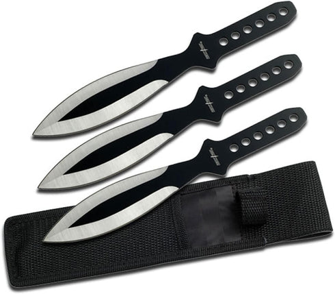 Perfect Point Throwing Knife Set – Set of 3 Throwers, Black & Satin Finish Stainless Steel Blades with Sheath
