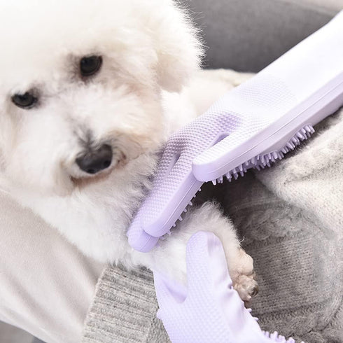 Waterproof Silicone Pet Grooming Gloves - Ambidextrous Scrubber Gloves for Dog Cat Bathing, Hair Removal, Lavender