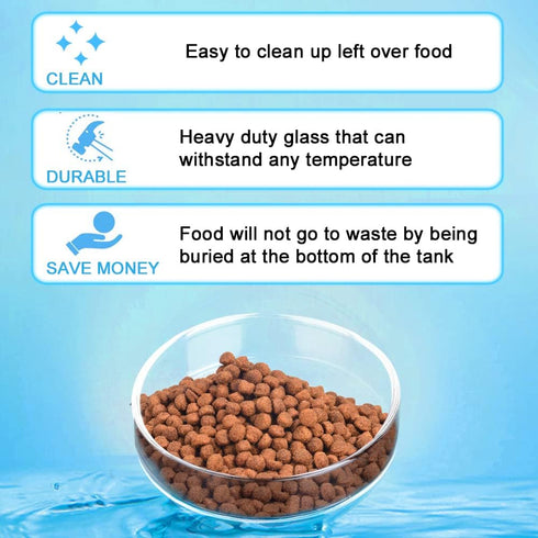 Aquarium Glass Feeder Dish, Round Clear Glass Fish Feeding Bowl, 60mm, Prevents Food Spilling in Fish Tank