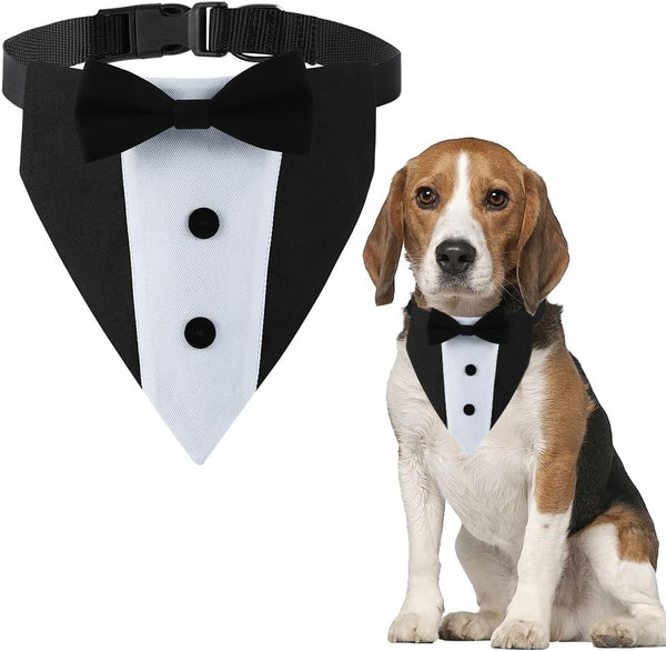 Adjustable Dog Tuxedo Bandana Collar with Bowtie for Small Medium Large Boy Dogs, Wedding Grooming Gift (Medium, Black)