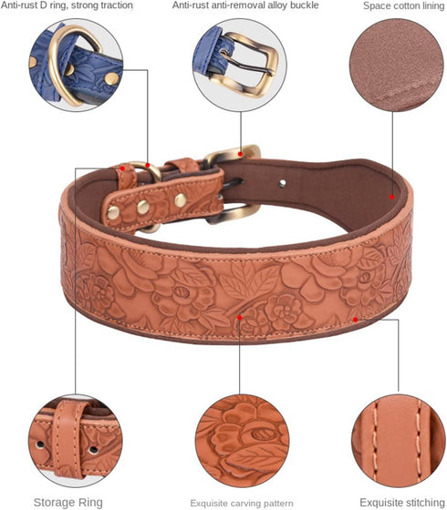 Leather Dog Collar for Large, Medium & Small Dogs, PU Leather Embossed Print Collar (M, Red)