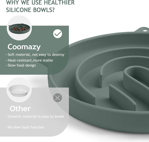 Coomazy Dark Green Silicone Slow Feeder Dog Cat Bowls, Interactive Puzzle Toy, Prevents Overeating, Medium: 1.4Cup