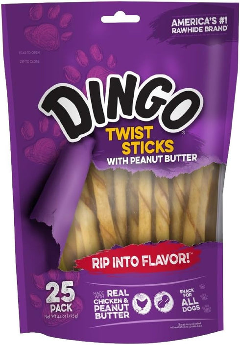 Dingo Twist Sticks with Peanut Butter, Rawhide Chew, 25 Count