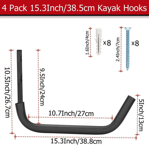 Heavy Duty Kayak Storage Hooks, 15.5 Inch Wall Mount Paddle Board Storage Rack, Surfboard Hanger