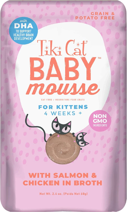 Tiki Cat Baby, Salmon & Chicken, Grain-Free Wet Cat Food for Kittens 4 Weeks+, 2.4 oz. Pouch (Pack of 12)