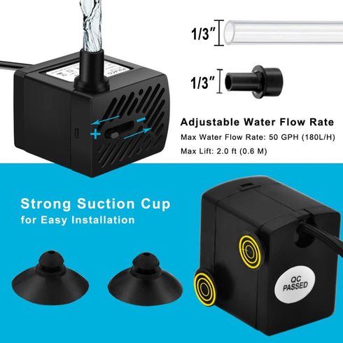 PULACO 50GPH Mini Submersible Water Pump, 3W for Aquariums, Fish Tank, Pond, Fountain
