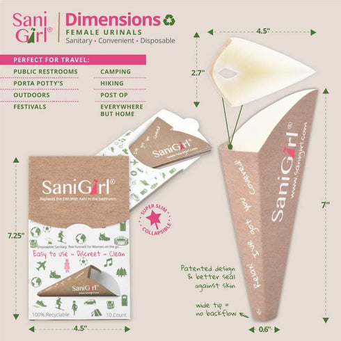 SaniGirl Womens Disposable Urination Device, Pee Funnel Travel Urinal for Girls, Bundle 20 Funnels for Hiking Camping
