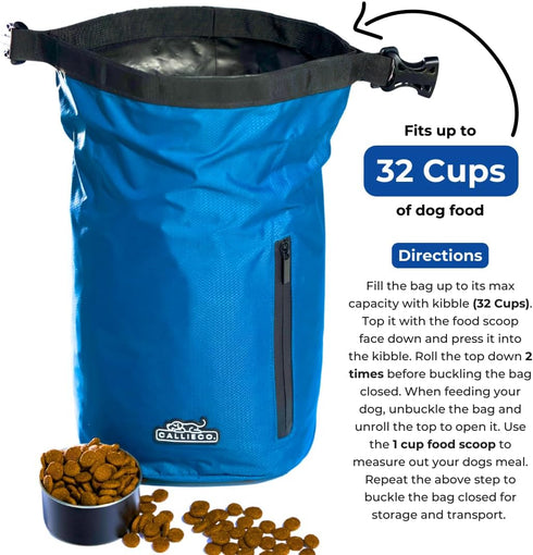 Dog Food Travel Bag with 1 Cup Scoop: Waterproof Kibble Storage Container for Home, Camping, 32 Cups (Blue)