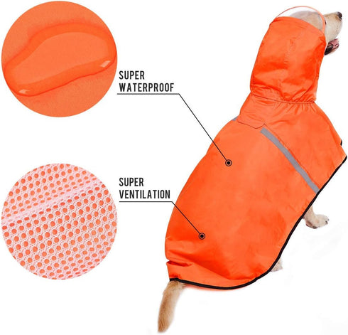 Dog Raincoat with Adjustable Belly Strap, Waterproof Slicker Hoodie with Reflective Strip for Medium Large Dogs -