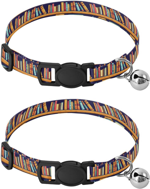 Qilmy Books Shelf Adjustable Pet Collar with Bell, 2-Pack Soft Dog Collar with