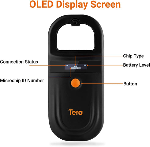 Tera FDX-B(ISO11784/85) Pet Microchip Reader with D-Ring RFID Portable Animal Chip ID Scanner with OLED Display Screen