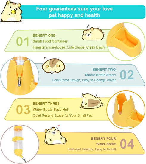 Litewoo Hamster Water Bottle with Food Container Base, No Drip Drinking Dispenser for Dwarf Hamster, Yellow