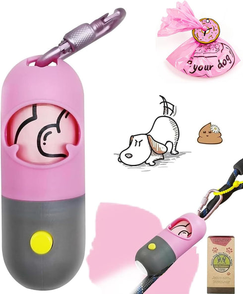 Dog Poop Bag Holder with LED Flashlight for Night Walks,Silicone Tether &