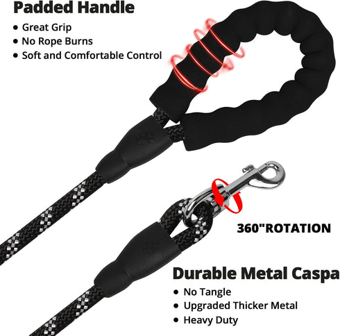 Rope Dog Leash 3 FT, Heavy Duty with Swivel Lockable Hook, Reflective Threads, Padded Handle for Large Medium Dogs