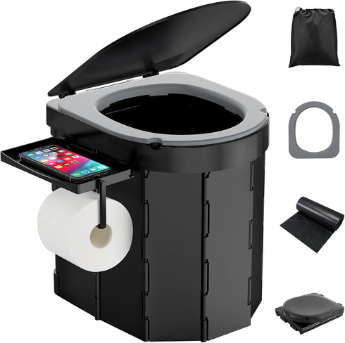 Portable Camping Toilet with PU Cushion, Folding Toilet for Adults with Phone