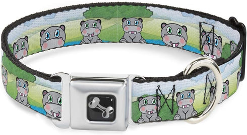 Buckle-Down Hippo Cartoon Dog Collar, Multicolor, 1.5" Wide, Fits 16-23" Neck, Medium
