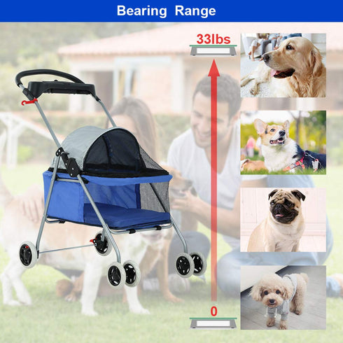 4 Pet Stroller Wheels Posh Folding Waterproof Portable Travel Cat Dog Stroller with Cup Holder,Blue