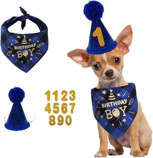 Dog Birthday Party Set, Triangle Bandana Scarf with Birthday Number Hat and Banner for Dog Birthday Supplies (Blue)
