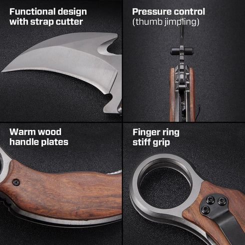Pocket Karambit Knife with Wood Handle Clip, 440C Steel Sharp Raptor Claw Blade for Camping EDC