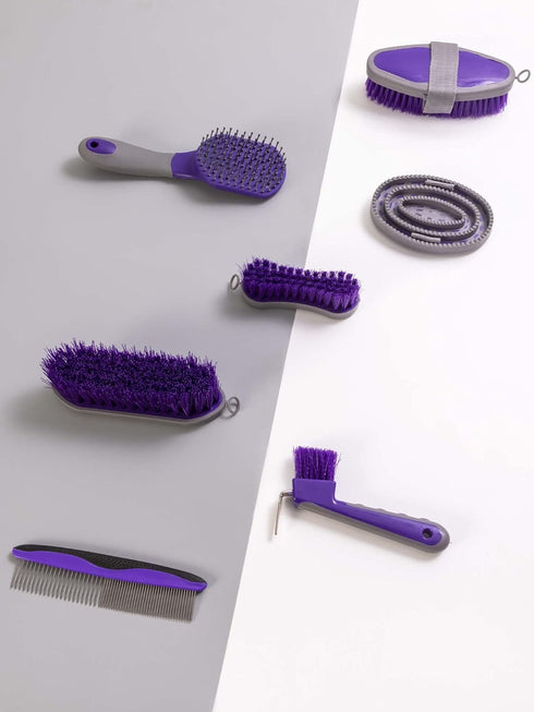 (12-Piece): Horse Grooming Kit Brushes, Storage Bag, Sweat Scraper, Mane Comb, Grooming Gloves - Purple Horse Gifts