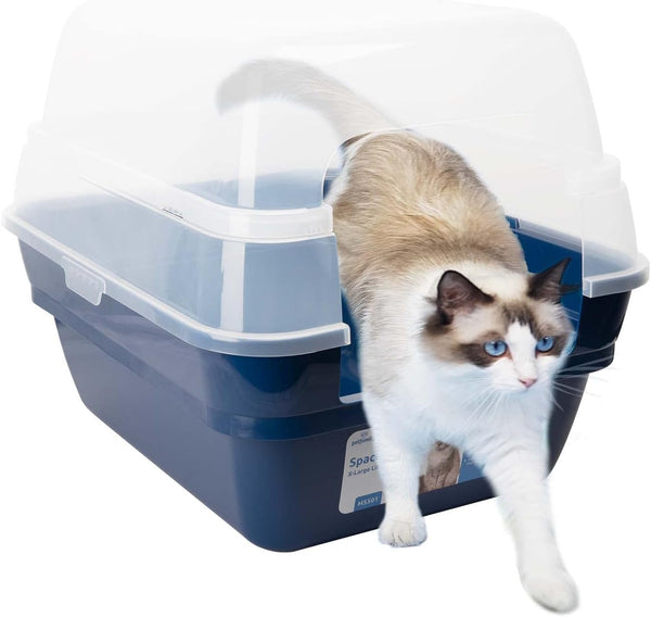 Petfamily Large Foldable Jumbo Hooded Cat Litter Box - Transparent Lid, Navy Blue