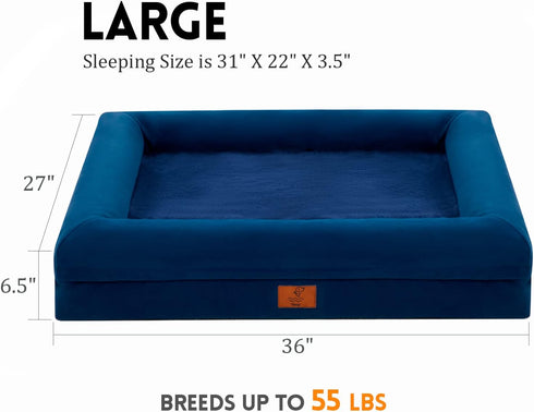 Large Orthopedic Dog Bed, Waterproof with Removable Cover, 4-Sides Bolster Soft Sofa Bed, Washable, Rich Blue