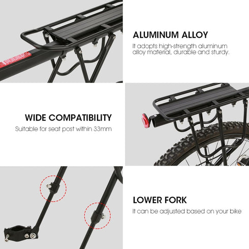 GOTOTOP Strong Alloy Rear Bike Rack, Black Pannier Bag Luggage Carrier, 55 Lbs Capacity with Reflector for Bike Cycle