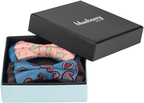 Blueberry Pet Gift Box with 2 Handmade Dog Cat Bow Tie, Paisley Designer Bowtie Set, 4" x 2.5"