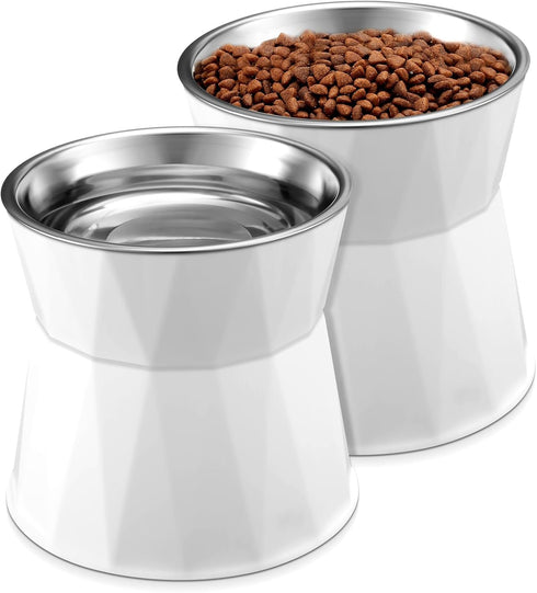 2 Pcs Adjustable Elevated Cat Bowls: Non-Slip Stainless Steel Feeder with Stand for Safe Pet Food and Water, White