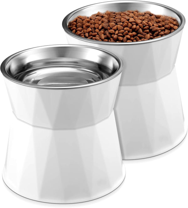2 Pcs Adjustable Elevated Cat Bowls: Non-Slip Stainless Steel Feeder with Stand for Safe Pet Food and Water, White