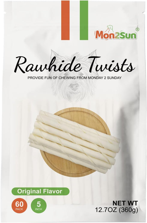 MON2SUN Dog Rawhide Twist Sticks, Natural 5 Inch Thin Sticks, 60 Count for Puppy and Small Dogs