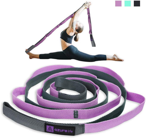 Premium Durable Cotton Stretch Strap with 10or12 Loops, Non-Elastic Yoga Strap for Stretching, Multi-Loop Fitness Stretch Band for Physical Therapy, Yoga, Pilates&Dance by A AZURELIFE