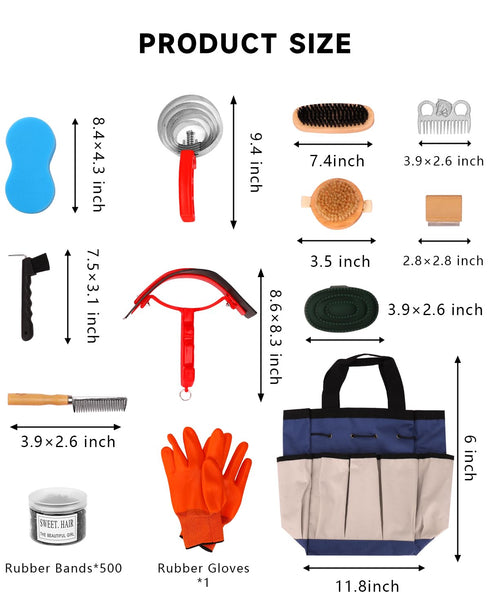 HAPPYER 13 Set Horse Grooming Kit Piece, Complete Horse Brushes & Grooming Supplies with Organizer Bag, Curry Comb
