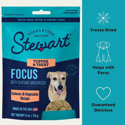 Stewart Freeze Dried Dog Food Topper, Focus Salmon & Vegetable Recipe, 4 Ounce Pouch, Shiitake Mushrooms