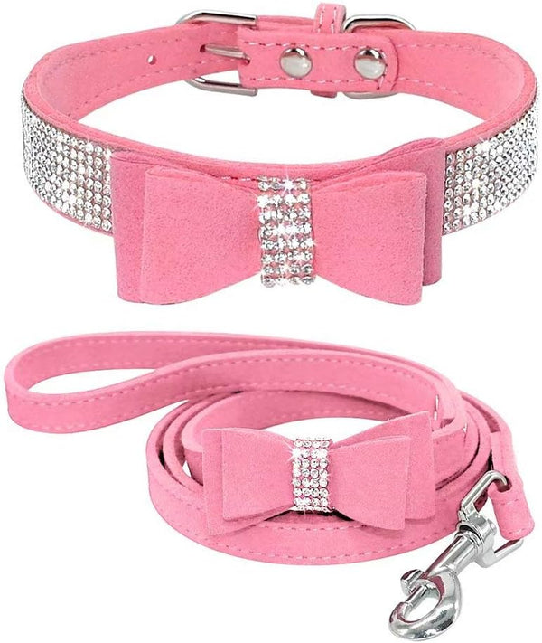 Beirui Rhinestone Bling Leather Dog Collar and Leash Set, Soft Sparkly Crystal Diamonds, Pink, 4 Foot Leash